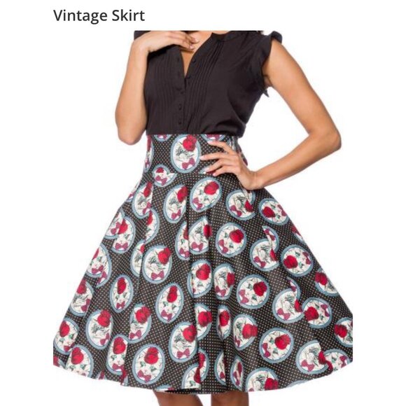 BELSIRA Knee-Length Circle VINTAGE Skirt with Waist‎ Ties Cat Print Rockabilly - Picture 2 of 11